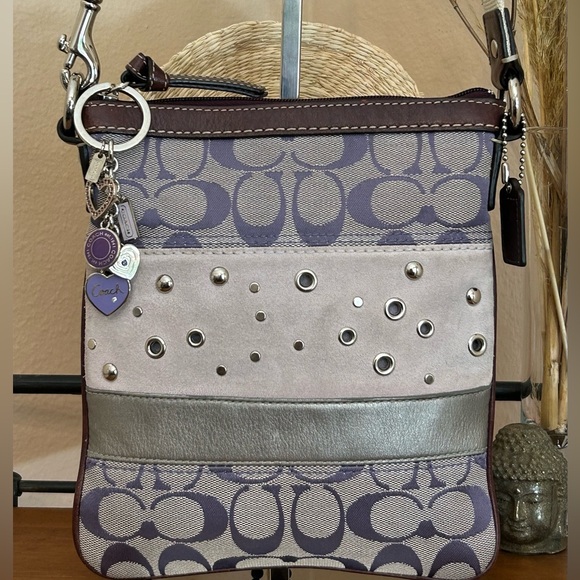 Coach Handbags - COACH Signature C Jacquard and Suede in Shades of Purple w/Bag Charm/Key Ring